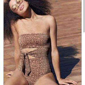 Aerie Ribbed Leopard Bandeau Wrap One Piece Women's Swimsuit L